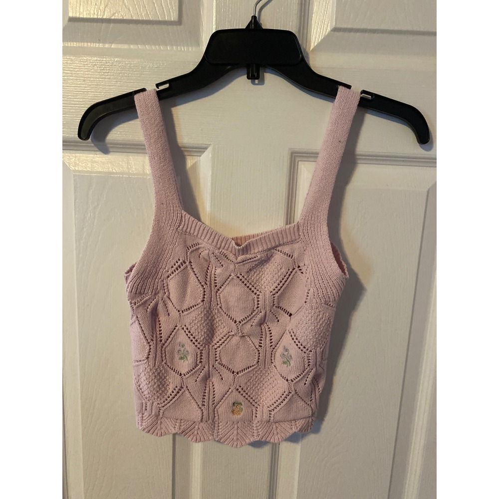 Freshman 1996 Pink Pointelle Knit Crop Tank Top Embroidered Floral Scallop Hem S